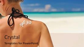  Presentation with sunscreen - PPT layouts enhanced with sun protect - sunscreen lotion over tan woman background and a coral colored foreground
