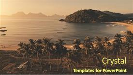  Presentation with vessels - Colorful presentation design enhanced with sun-seascape-at-tropic-island backdrop and a tawny brown colored foreground