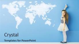  Presentation with old map aged world vintage - Cool new presentation theme with sun shining earth - little girl and cloud world backdrop and a light blue colored foreground