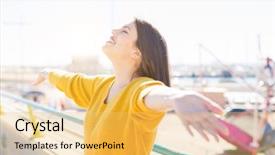  Presentation with closed - Audience pleasing presentation theme consisting of sunbathing - beautiful young woman smiling backdrop and a yellow colored foreground