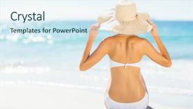  Presentation with rear view of bodyguard - Amazing theme having sunbathing - rear view of attractive woman backdrop and a sky blue colored foreground