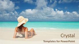  Presentation with crystal blue - PPT theme with sunbathing - young fashion woman relax background and a lemonade colored foreground