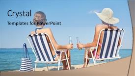  Presentation with beer women - Slide set enhanced with sunbathing in lounges on beach background and a light blue colored foreground