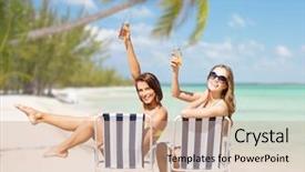  Presentation with summer trees - PPT layouts enhanced with sunbathing over exotic tropical beach background and a coral colored foreground