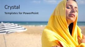  Presentation with towel for uk market - Beautiful presentation theme featuring sunbathing woman in yellow towel backdrop and a  colored foreground