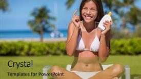  Presentation with sunscreen - Presentation theme featuring sunblock - happy cute asian girl putting background and a gold colored foreground