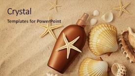  Presentation with cream - Slide deck enhanced with sunblock - suntan cream bottle on sand background and a coral colored foreground