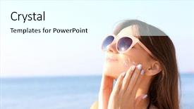  Presentation with sunscreen - Audience pleasing presentation theme consisting of sunblock - young woman using sunscreen backdrop and a cool aqua colored foreground