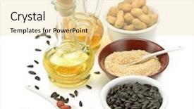  Presentation with oil seeds - Slide set consisting of sunflower seeds peanuts and oil isolated on a white background background and a lemonade colored foreground