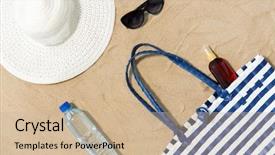  Presentation with beach bag - Audience pleasing PPT theme consisting of sunglasses and hat on sand backdrop and a soft green colored foreground