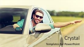 Presentation with transport transportation tourism road trip - Slides with sunglasses driving car and waving background and a soft green colored foreground
