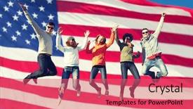 Presentation with diversity students friends happiness concept - Colorful PPT layouts enhanced with sunglasses jumping high over american backdrop and a coral colored foreground