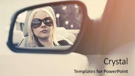  Presentation with rear view mirror - Amazing slide deck having blond fashion woman in sunglasses looking in the car rear view mirror backdrop and a soft green colored foreground