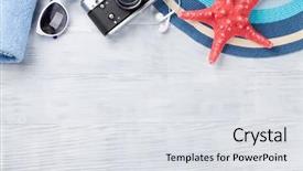  Presentation with top hat - PPT layouts consisting of beach accessories towel camera hat background and a light gray colored foreground