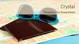  Presentation with passport travel - Slides enhanced with sunglasses passport and map close up preparing for travel concept background and a cream colored foreground