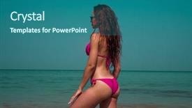  Presentation with pink sky - Slide deck having back view of beautiful girl in pink bikini and blue sunglasses standing on the beach over sea and sky background background and a ocean colored foreground