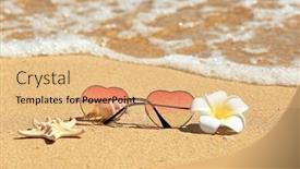  Presentation with sea shore - Slide deck with sunglasses starfish and flower on sand at sea shore vacation concept background and a coral colored foreground