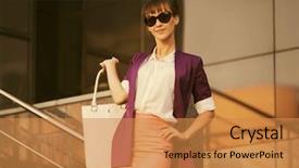  Presentation with purple business - Audience pleasing PPT theme consisting of happy young fashion business woman in sunglasses walking on city street stylish female model with up do hair style wearing purple blazer and pink pencil skirt backdrop and a gold colored foreground