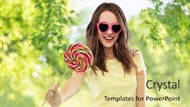  Presentation with yellow green - Audience pleasing PPT theme consisting of sunglasses with lollipop over green backdrop and a blonde colored foreground