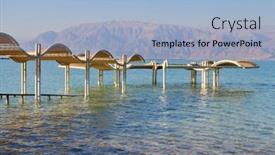  Presentation with seawater - Presentation theme featuring sunny beach on the dead sea a wonderful warm day in december the beach pavilion is half flooded with seawater risen clearly seen the opposite shore of the sea - jordanian mountains background and a light blue colored foreground