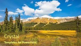  Presentation with ecotourism - Colorful presentation enhanced with sunny day waterlogged valley in the rocky mountains the concept of active tourism and ecotourism backdrop and a tawny brown colored foreground