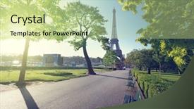  Presentation with eiffel tower paris france - Beautiful PPT theme featuring sunny morning and eiffel tower paris france backdrop and a mint green colored foreground