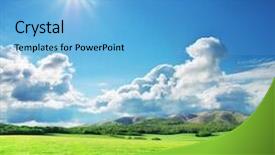  Presentation with luxury mountain nature - Colorful PPT theme enhanced with sunny mountains - green meadow in mountain composition backdrop and a light blue colored foreground