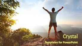  Presentation with mountain top - Theme enhanced with sunny mountains - hiker with backpack standing background and a tawny brown colored foreground