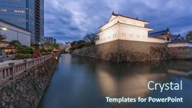  Presentation with japan castle - Colorful PPT theme enhanced with sunpu-castle-shizuoka-japan backdrop and a ocean colored foreground