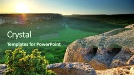  Presentation with cave - Slides consisting of sunrays mist - cave in mountain on sunrise background and a ocean colored foreground