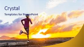  Presentation with marathon running race - Colorful PPT theme enhanced with sunrise cardio fitness woman training backdrop and a sky blue colored foreground