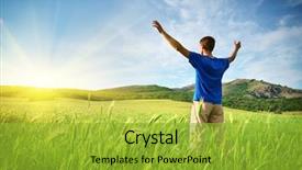  Presentation with scene - Beautiful presentation theme featuring sunrise open hand - man in green meadow emotional backdrop and a gold colored foreground