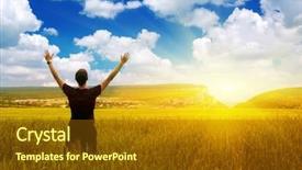  Presentation with meadow - Presentation theme with sunrise open hand - man in green meadow emotional background and a tawny brown colored foreground