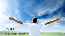  Presentation with sunrise - PPT theme enhanced with sunrise open hand - sunset and happy young man background and a sky blue colored foreground