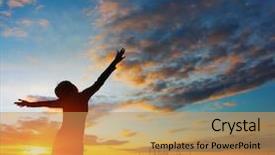  Presentation with meadow - PPT layouts having sunrise open hand - woman standing on meadow background and a yellow colored foreground
