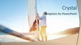  Presentation with water ocean - Colorful theme enhanced with sunrise sailing man on boat backdrop and a sky blue colored foreground