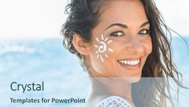  Presentation with sunscreen - PPT layouts enhanced with sunscreen - closeup of smiling young woman background and a sky blue colored foreground