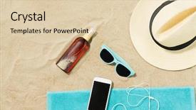  Presentation with vacation - Colorful slides enhanced with sunscreen oil on beach sand backdrop and a lemonade colored foreground