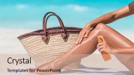  Presentation with sun tanning - Presentation theme having sunscreen suntan lotion spray bottle background and a coral colored foreground