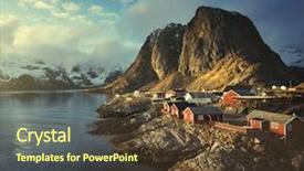  Presentation with hut - Colorful presentation theme enhanced with sunset - reine lofoten islands norway backdrop and a tawny brown colored foreground