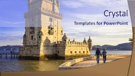  Presentation with sun rising over north america - Beautiful slide deck featuring sunset- famous landmark of lisbon backdrop and a sky blue colored foreground