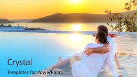  Presentation with hug - Theme enhanced with sunset beach - couple in hug watching together background and a light blue colored foreground