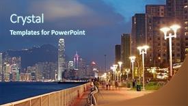  Presentation with hongkong - Theme featuring sunset in hongkong waterfront promenade background and a ocean colored foreground