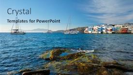  Presentation with cruise ship - Beautiful slide deck featuring sunset-in-mykonos-greece backdrop and a light blue colored foreground