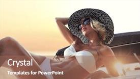  Presentation with young sing woman singing young - Beautiful theme featuring sunset on her private yacht backdrop and a violet colored foreground