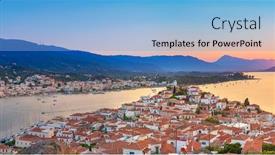  Presentation with island sunset - PPT layouts with sunset on poros island in aegean sea greece background and a light blue colored foreground