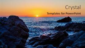  Presentation with rocky shore - Beautiful presentation design featuring sunset-on-the-rocky-shore backdrop and a yellow colored foreground