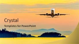  Presentation with jet airplane - Audience pleasing theme consisting of sunset or sunrise dawn dusk flight of the airplane jet over beautiful sky and ocean backdrop and a yellow colored foreground