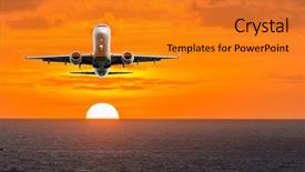  Presentation with jet airplane - Slide deck consisting of sunset or sunrise dawn dusk flight of the airplane jet over beautiful sky and ocean background and a gold colored foreground