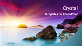  Presentation with beautiful midnight sun over - Presentation theme featuring sunset over the sea hdr background and a violet colored foreground